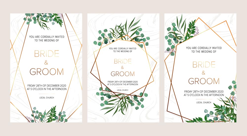 Wedding floral invitation, thank you modern card: rosemary, eucalyptus branches wreath on white marble texture with a golden geometric pattern. Elegant rustic template. All elements are isolated and editable