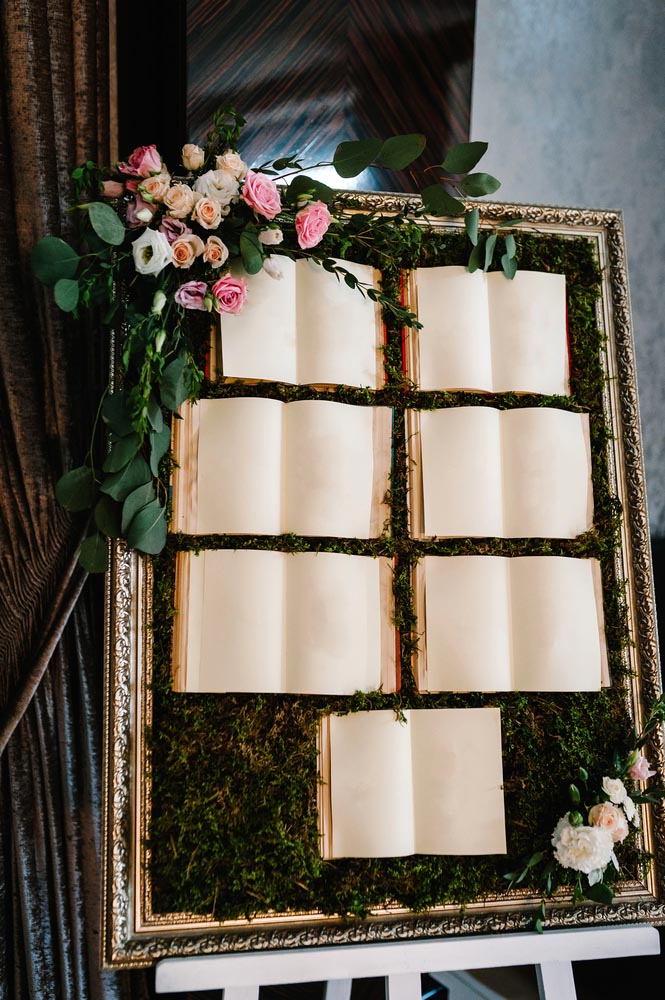Tables wedding guests on the easel on wedding reception. The frame is decorated with green flowers and greenery. List, plan, chart of the seating area of guests at the tables at restaurant.