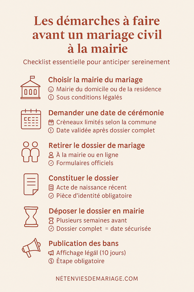 Infographie présentant les démarches administratives à effectuer avant un mariage civil à la mairie, de la réservation de la mairie au dépôt du dossier.