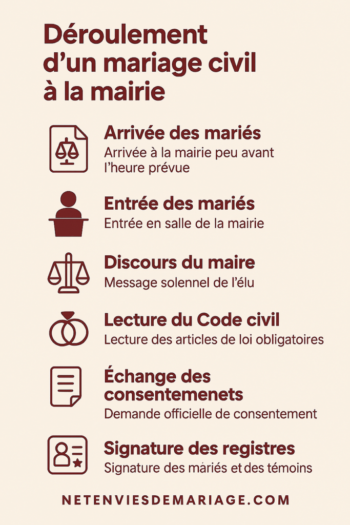 Les étapes clés d’une cérémonie de mariage civil à la mairie, expliquées visuellement.