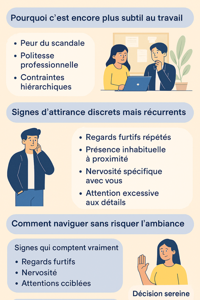 Infographie sur les signes d’attirance d’un collègue homme timide et les précautions au travail