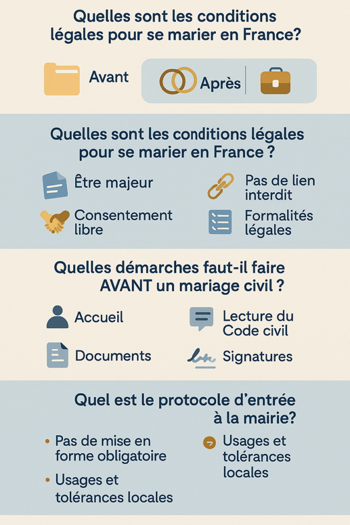 Infographie récapitulative des étapes, démarches et règles du mariage civil à la mairie en France