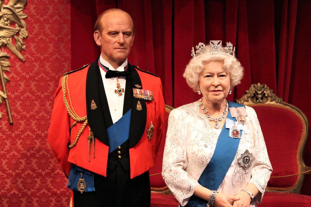 London, United Kingdom - March 20, 2017: Queen Elizabeth ii 2 & Prince Philip portrait waxwork wax figure at museum, London